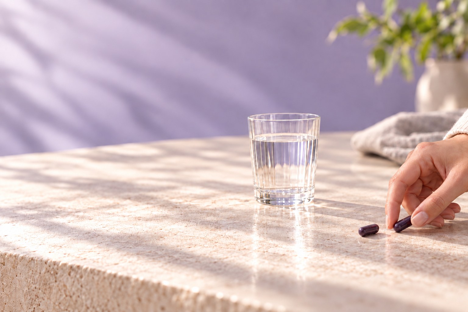 Two MaquiPro® capsules and a glass of water on a marble counter, with a plant against a lavender wall