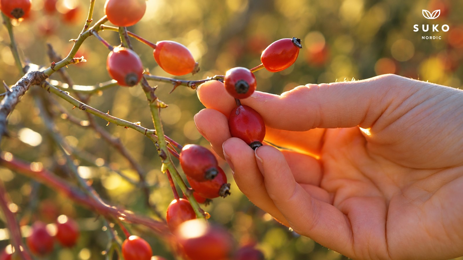 A hand picking ripe AP-4® rosehips from the branch in warm, golden-hour light on the plantation